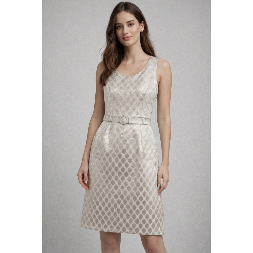 White House Black Market Ivory‎ Metallic Jacquard Dress | Size 8